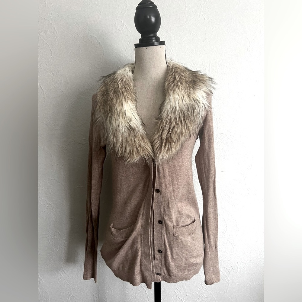 Loft Faux Fur Collar Buttoned Cardigan Size Xsmall